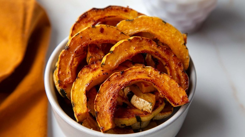 maple roasted delicata squash in bowl