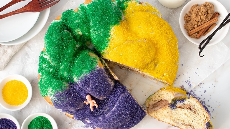Mardi Gras King cake sliced