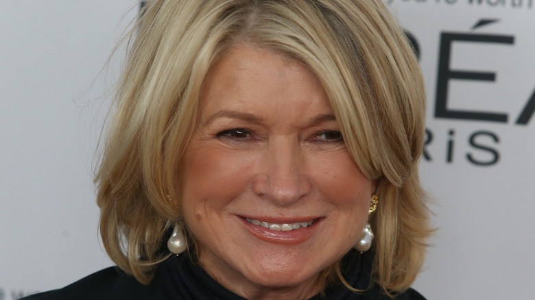 Close up of Martha Stewart wearing pearl earrings