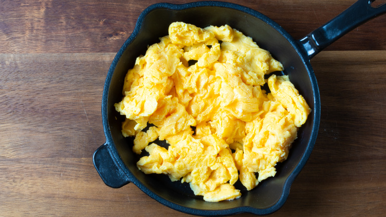 Skillet of scrambled eggs