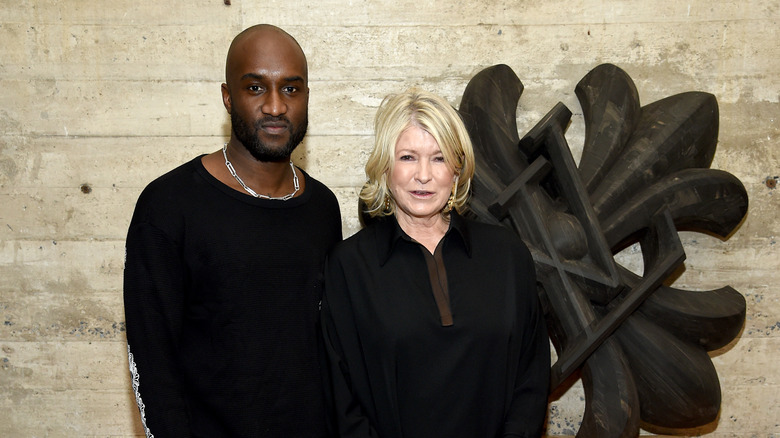 Virgil Abloh and Martha Stewart against a brown background