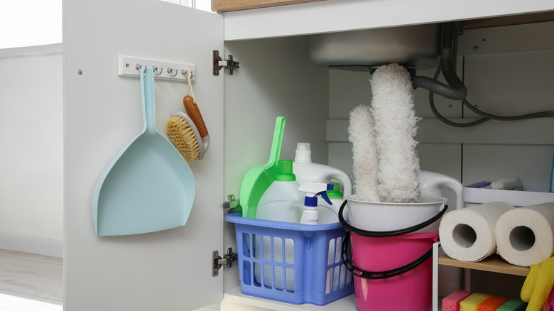 Under the sink cleaning supplies and paper towels