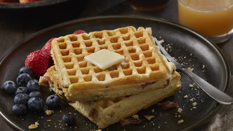 Square-shaped bacon-stuffed waffles