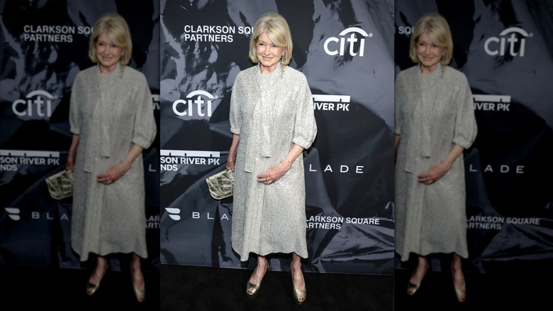 Martha Stewart in a silver sequined dress with silver accessories