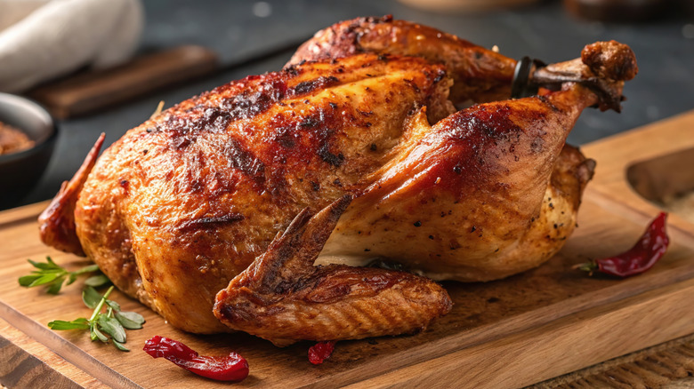 Roasted chicken on a wooden board