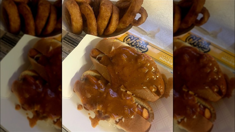 Hotdogs and onion rings from Chris' Famous Hotdogs