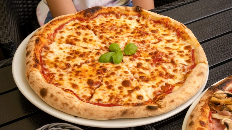 Cheese pizza topped with basil