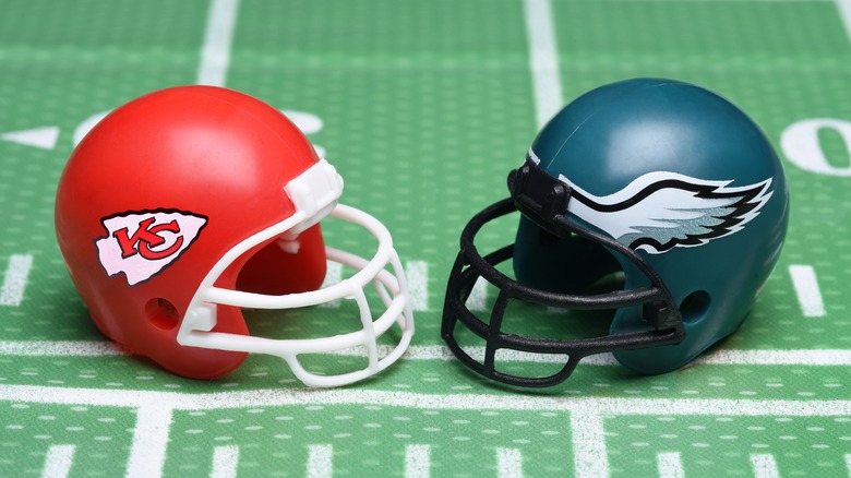 Super bowl helmets facing off