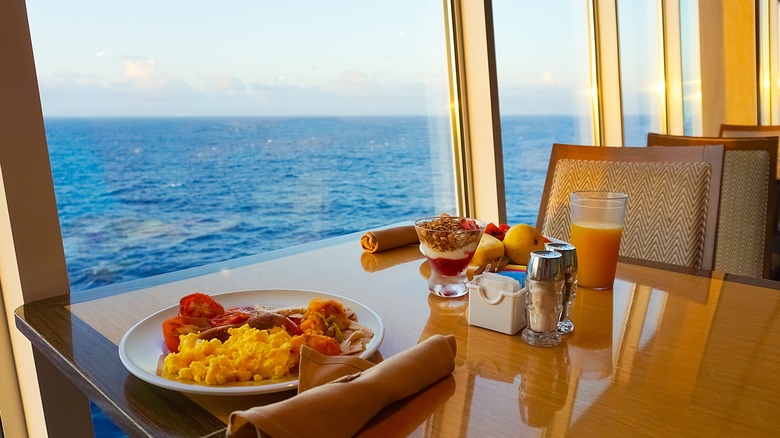 breakfast plates on cruise ship with water view