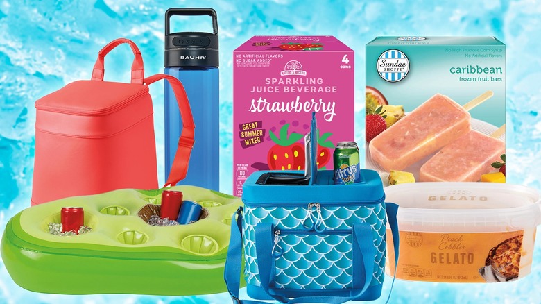 Containers and snacks against watery background