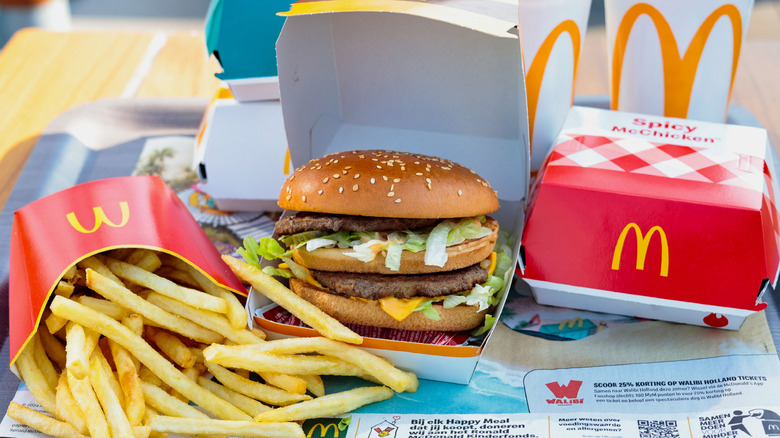 McDonald's fries, two sodas, Big Mac box, unopened spicy McChicken box, and other sandwich boxes.