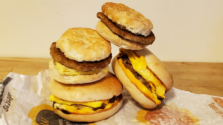 a stack of McDonald's breakfast sandwiches