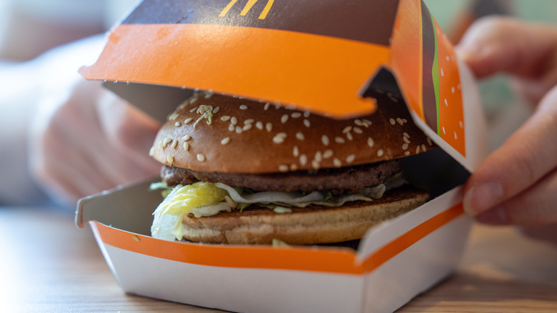 McDonald's burger in clamshell container