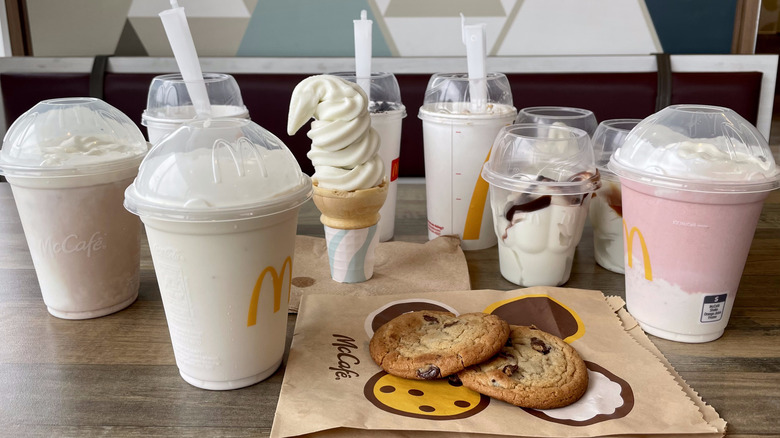 Lineup of McDonald's desserts on wooden table