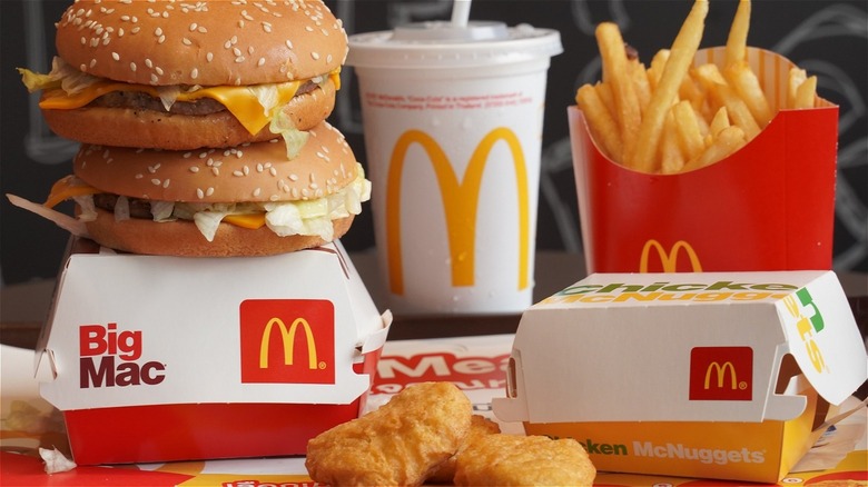McDonald's burgers, fries, and drinks
