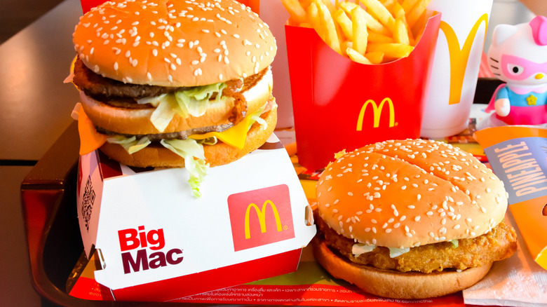A Big Mac and chicken sandwich from McDonald's with french fries in the background
