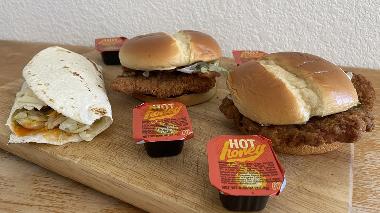 diagonal view of the Hot Honey lunch items on a cutting board