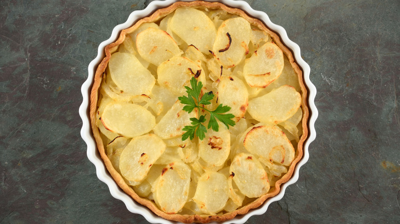 Close-up of potato and onion pie