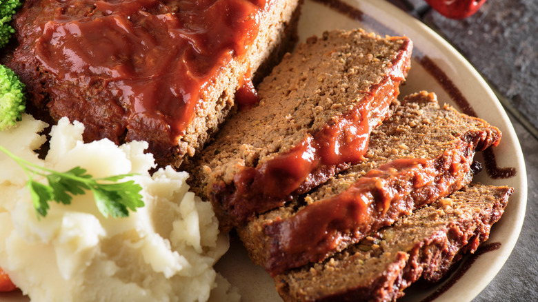 Close-up of meatloaf and mashed potatoes
