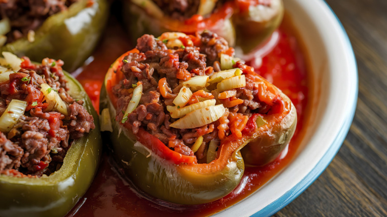 Close-up of stuffed peppers in a white bowl