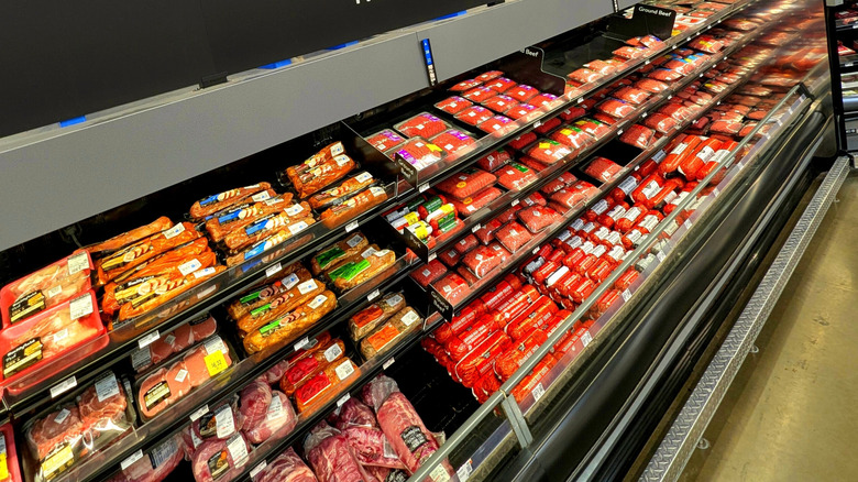 Refrigerated display at meat department