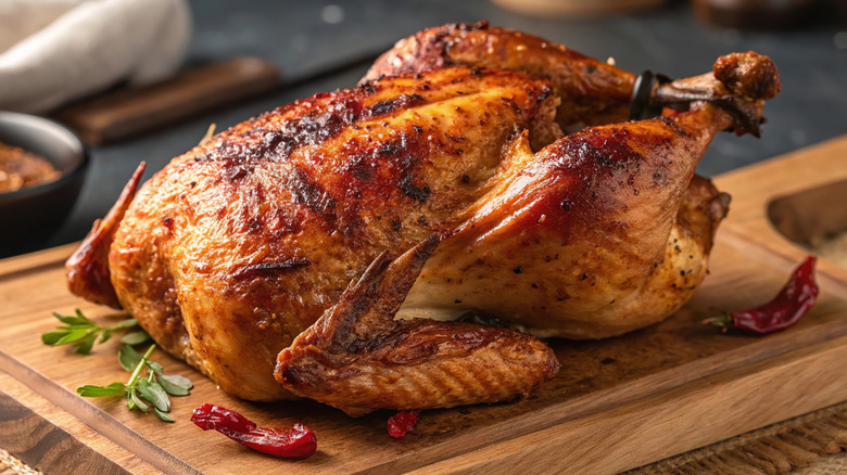 Whole roasted chicken on wooden cutting board with garnishes.