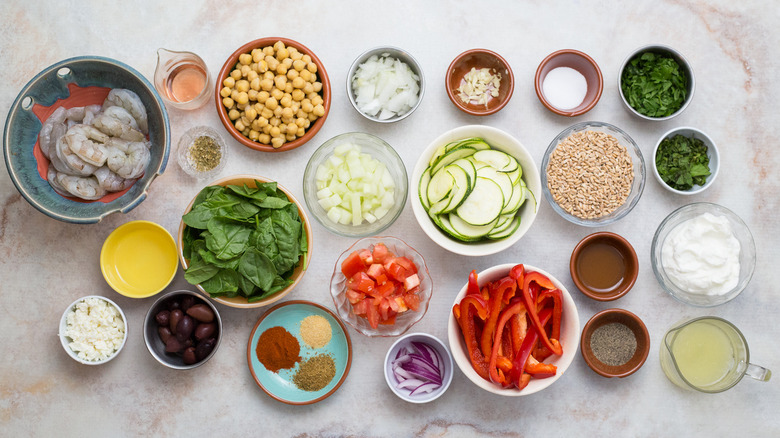 shrimp bowl ingredients on table