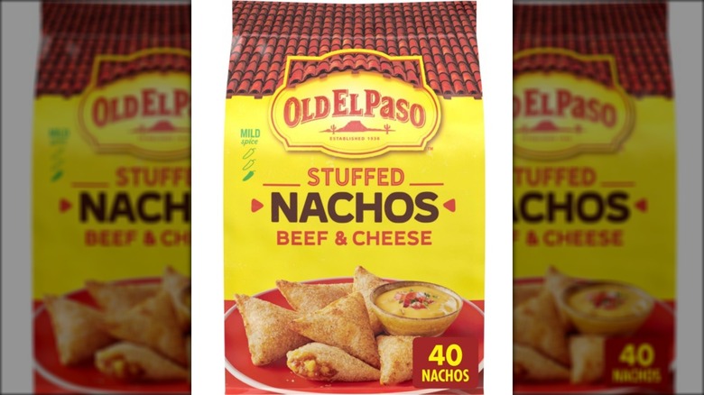 Frozen nacho snacks stuffed with beef and cheese.