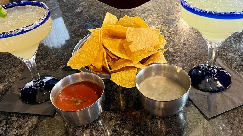 chips, salsa, and white sauce