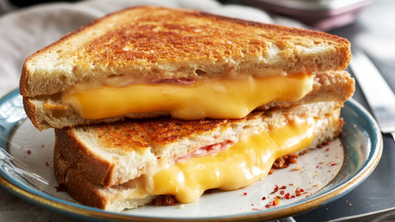 Close-up of a grilled cheese sandwich with orange/yellow cheese on toasted bread on a ceramic plate