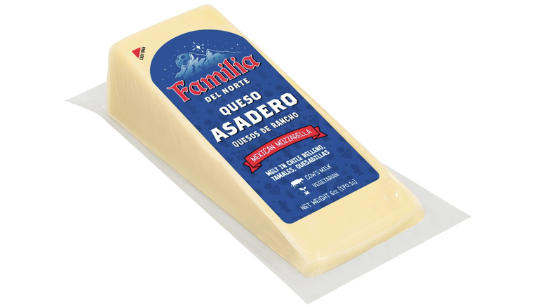 Package of Familia Del Norte queso asadero cheese, white in color with blue label on white background
