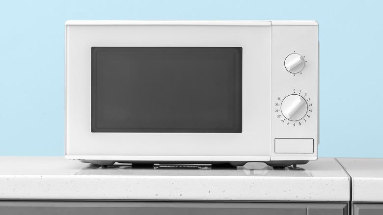 White microwave on kitchen countertop