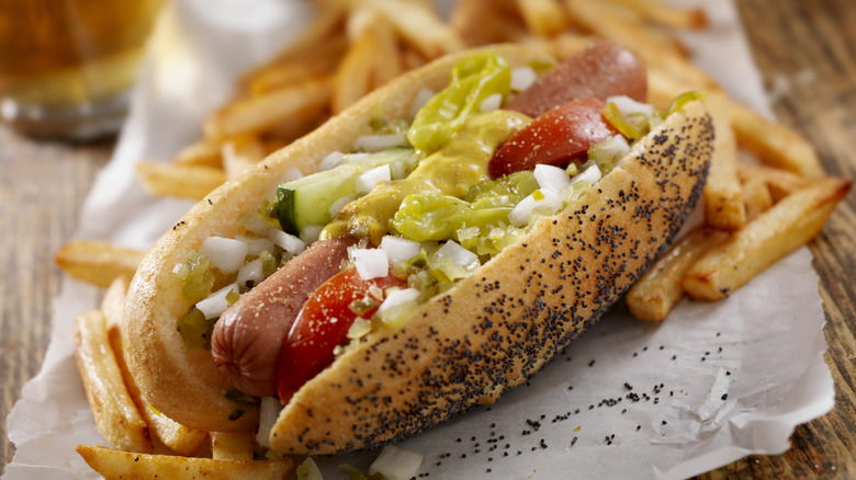 classic Chicago hot dog with fries on the side