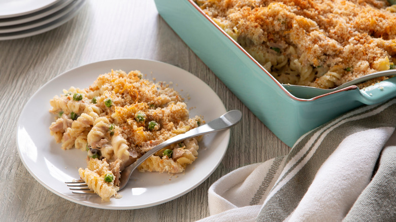 homemade tuna noodle casserole on a plate with a fork