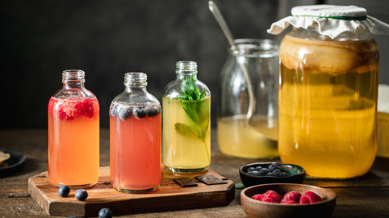 Different types of kombucha in bottles