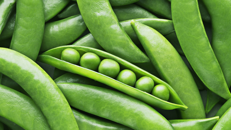 Closeup of peas in a pod