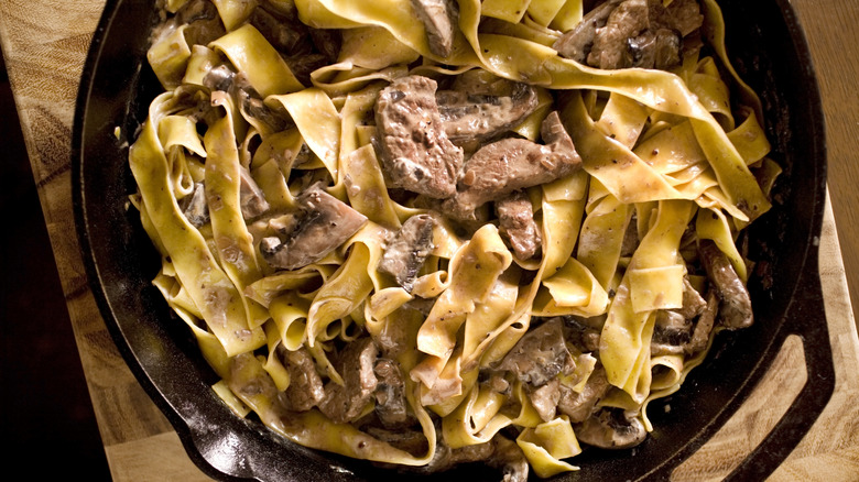 Beef stroganoff in cast iron pan