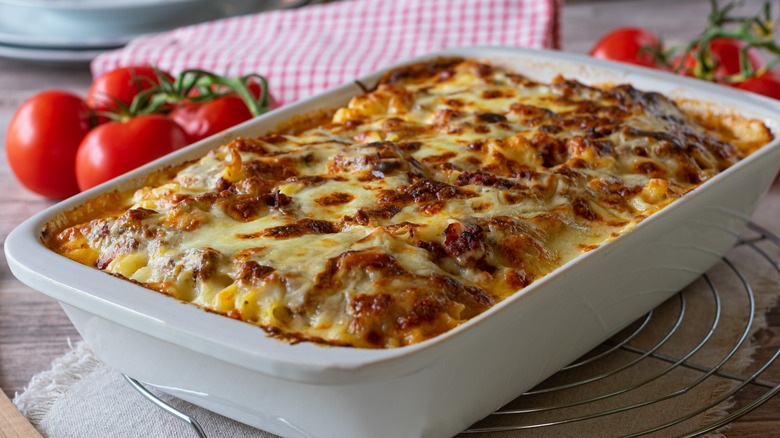 Cheesy casserole in baking dish