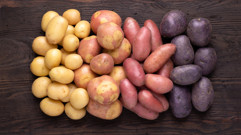 Different types of potatoes on dark wooden rustic table