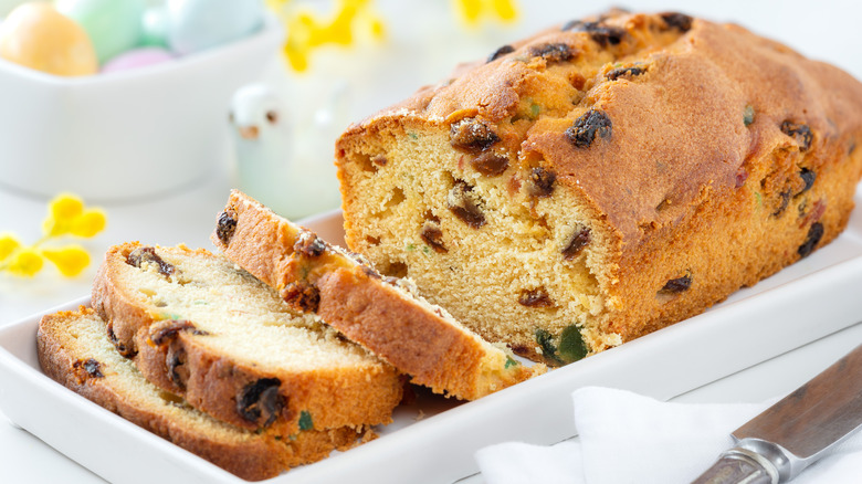 Delicious traditional fruitcake with raisins