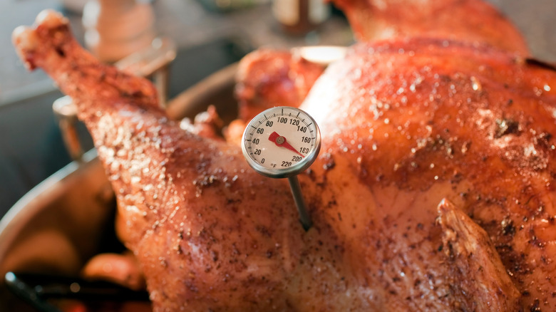 A roast turkey with a meat thermometer in it