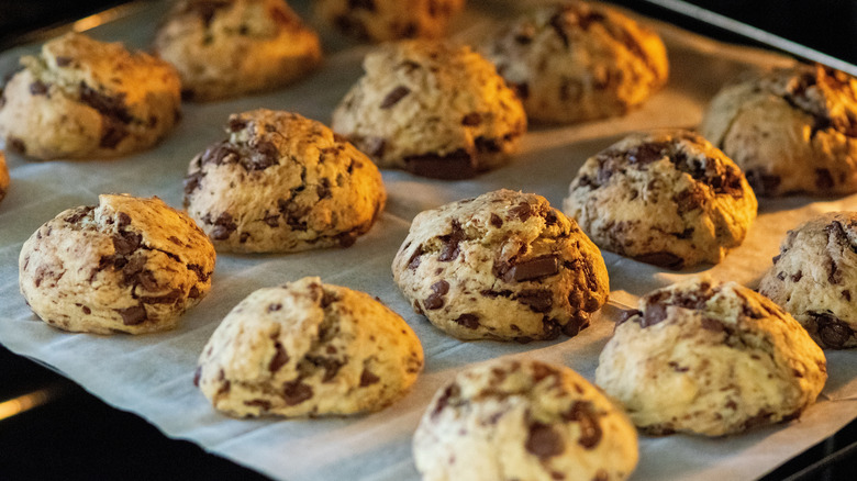 Chocolate chip cookies baking in oven