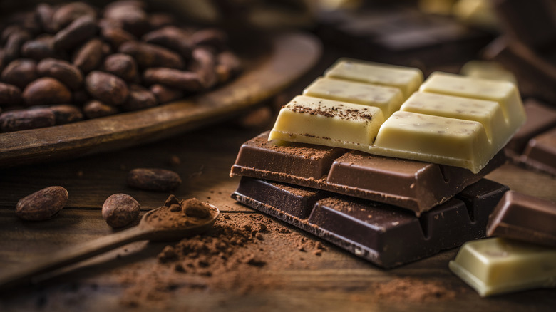 A stack of milk, white, and dark chocolate bars