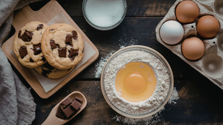 Chocolate chip cookies next to a bowl of flour and egg