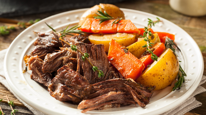 Pot roast, potatoes, carrots