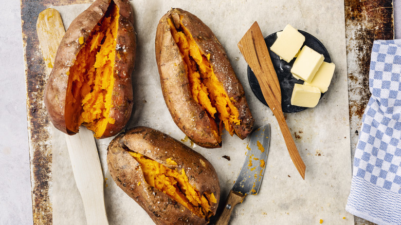 Roasted sweet potatoes split in half
