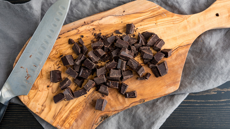 Chopped chocolate on a cutting board