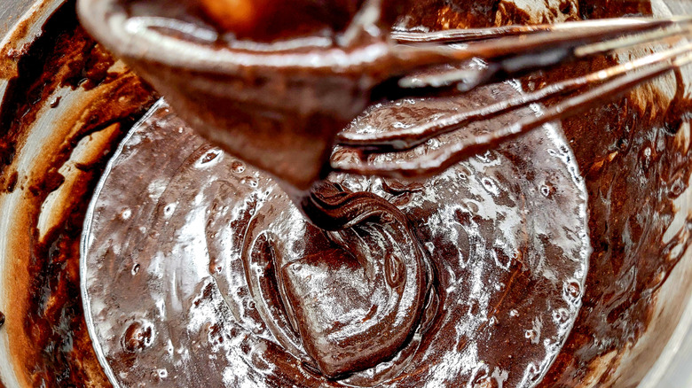 Brownie batter mixed with a whisk
