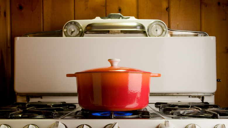 Red cast iron pot on stove