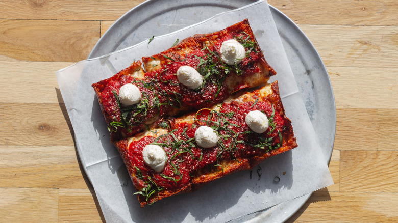 Overhead shot of Detroit-style pizza